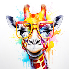Cartoon colorful giraffe with sunglasses on white background. - obrazy, fototapety, plakaty