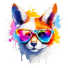 Fototapeta premium Cartoon colorful fox with sunglasses on white background.
