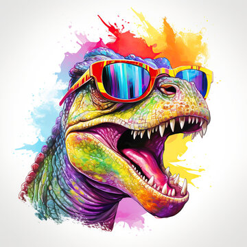 Cartoon colorful dinosaur with sunglasses on white background.
