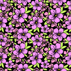 Fototapeta na wymiar symmetrical seamless pattern of pink flowers on a black background, texture, design