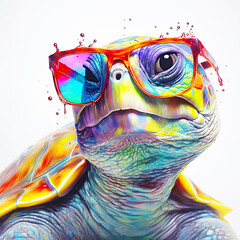 Cartoon colorful turtle with sunglasses on white background.