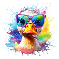 Cartoon colorful duckwith sunglasses on white background.