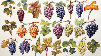 watercolor drawings grapes with leaves and vine set isolated on white, an old fashioned set of stickers of grapes on a branch