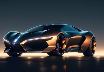 Futuristic black sports car in neon light. ai generative