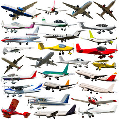 Collage of different modern civil airplanes isolated on white background