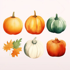 watercolor drawings of pumpkin and sunflower with flower arrangements isolated on a white background, in the style of detailed botanical illustrations, green and amber, scientific illustrations, wallp