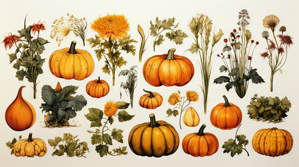 watercolor drawings of pumpkin and sunflower with flower arrangements isolated on a white background, in the style of detailed botanical illustrations, green and amber, scientific illustrations, wallp