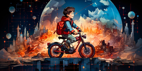 a boy on a children's motorcycle, background a big city, blue and red illustration style