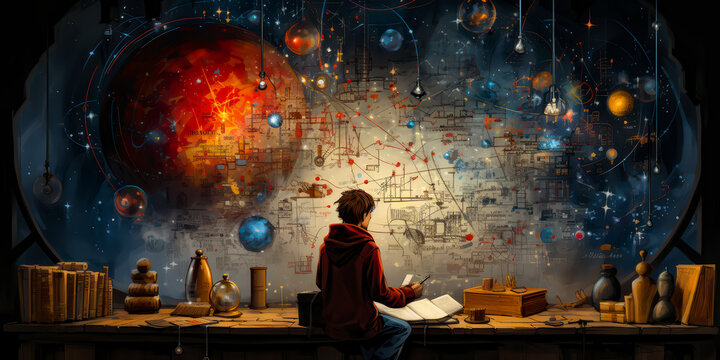 a man is sitting at a large table, theorizing about the universe, on the wall many diagrams and mathematical calculations.