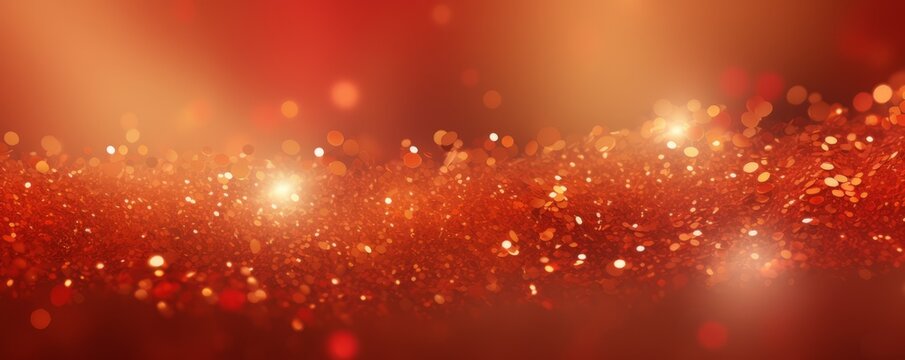 Bright red glitters with gold sparkles background. Defocused abstract festive lights on background. AI image, digital design.	