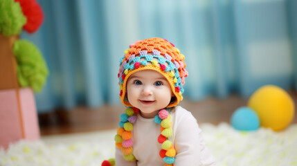 Cute smiling baby wearing a wooly cap at a playschool kindergarten