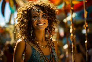 Obraz premium a portrait of a woman with curly hair standing in front of many people, looking at the camera, at a concert or a gathering of people,