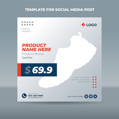 Square social media post template on simple gray gradation background with a red accent for product promotion
