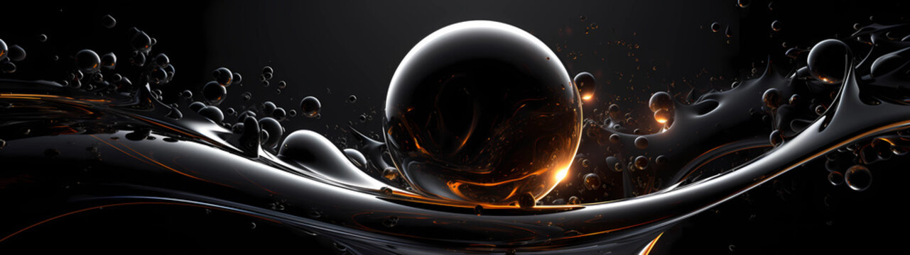 Unveiling the enigma of metal - An expansive ultra-wide background featuring a large metallic sphere surrounded by mesmerizing bubbling and flowing liquid mercury (Generative AI)