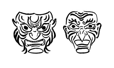 Set of two vector samurai masks.Calligraphic brush, hand drawing, sketch. Japanese culture, tradition, minimalism. Black on white. Eps10