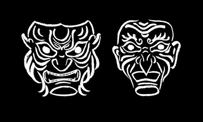 Set of two vector samurai masks.Calligraphic brush, drawing, sketch, illustration. Japanese culture, tradition, stylization. White on black. Eps10