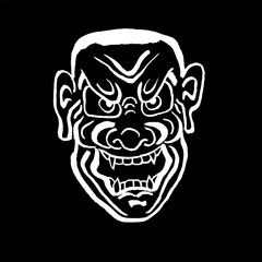 Samurai mask. Vector, calligraphy, ink, brush, drawing, sketch, art, doodle. Ancient Japan, culture, tradition, warrior, ronin. White on black. Eps10