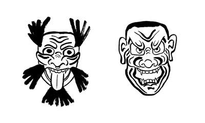 Two samurai masks.Vector, calligraphy, drawing, sketch, illustration. Japan, ancient culture, tradition, stylization. White on black. Eps10
