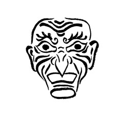 Samurai mask. Vector graphics, calligraphy, ink, brush, hand drawing, doodle, stylization, illustration. Ancient Japanese tradition and culture, warrior, hero, ronin. Black on white. Eps10