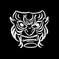 Samurai mask. Vector, calligraphy, ink, brush, drawing, sketch, art, doodle, stylization. Ancient Japan, culture, oriental tradition, warrior, ronin, angry face. White on black. Eps10