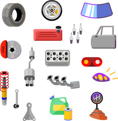 A set of car-themed parts. Printing on T-shirts. Website icons. Vector graphics.