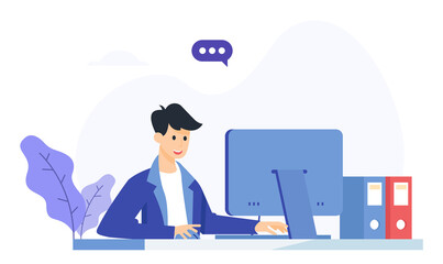 Young man working on computer at office. Flat style vector illustration Transparent 