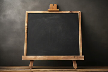 Blank wooden chalkboard mockup style on a black wall background.