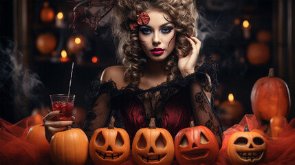 Witch wearing red:black dress, sitting with a Bloody Mary cocktail in her hand, Halloween scenery, spooky and creepy atmosphere.