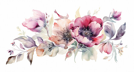 Watercolor composition of flowers and leaves on a white background