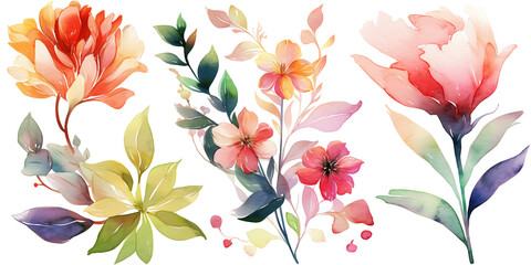 Watercolor drawings of flowers composition on a white sheet