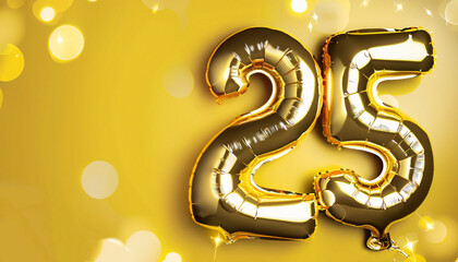Banner with number 25 golden balloons with copy space. Twenty five years anniversary celebration...