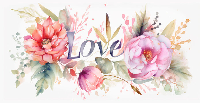 Watercolor word Love in decor of flowers and plants
