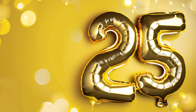Banner with number 25 golden balloons with copy space. Twenty five years anniversary celebration concept on a yellow background with shiny bokeh.