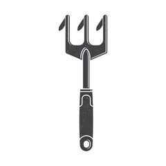 Garden rake icon silhouette isolated on white. Vector illustration. For emblem, sign, patch, shirt. Farming fork, gardening equipment. Hand Tools Garden hand rake.
