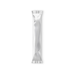 Blank Metallic White Stick Pouch Up Package isolated on a white Background