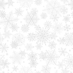 Christmas seamless pattern of beautiful complex gray snowflakes on white background. Winter illustration with falling snow