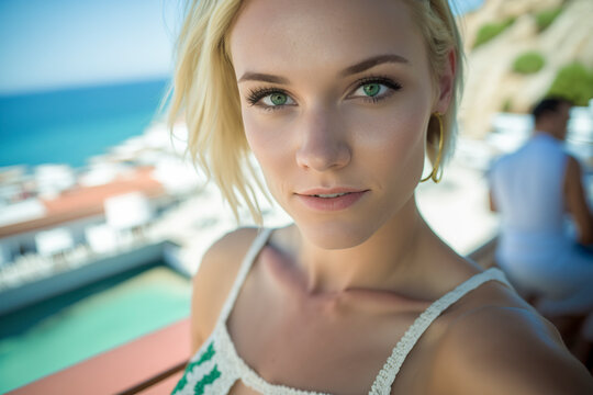 Summer Beauty: A Blonde Bombshell Lounging on a Sun-Drenched Terrace, ai generative