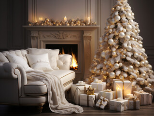 Beautiful Christmas tree in cozy interior with fireplace, candles, gift boxes. Digital Illustration. Generative AI