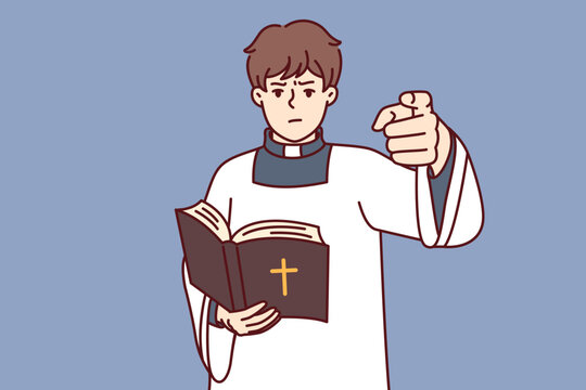 Catholic priest holding bible and reading sermons for guests of church, dressed in white priest robe. Catholic clergyman is dissatisfied with behavior of parishioners and exposes believers to anathema