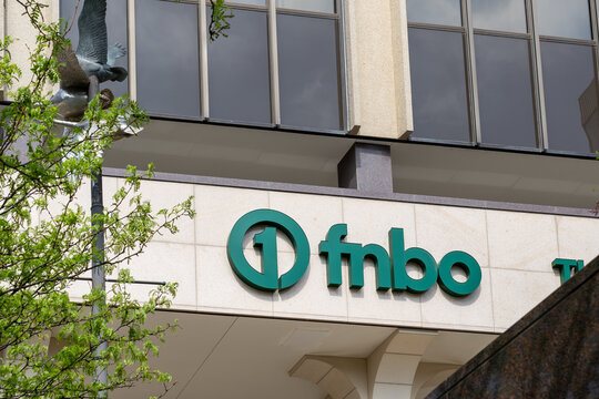 fnbo (First National Bank Omaha) logo sign at their headquarters in Omaha, Nebraska, USA, May 7, 2023.