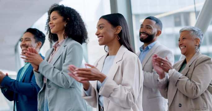 Audience, happiness or business people with standing ovation applause, celebrate and praise achievement, winner or success. Presentation, crowd feedback or listening team clapping for investment news