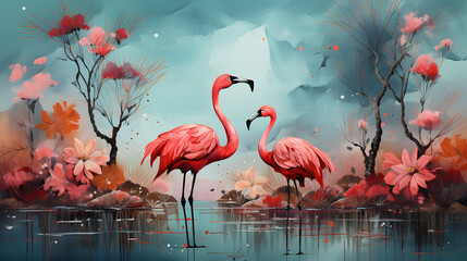 flamingos on the shore of the beach, abstraction in a stulu painting painted with a brush