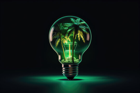 Glass electric light bulb with miniature tropical palm trees inside isolated on flat black background with copy space. Creative concept good idea to go on vacation. 3d render illustration style.