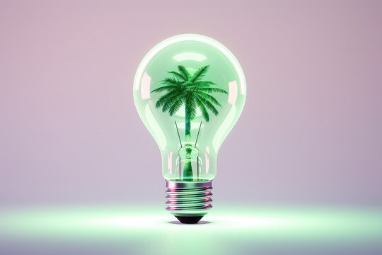 Glass electric light bulb with miniature tropical palm trees inside isolated on flat grey background with copy space. Creative concept good idea to go on vacation. 3d render illustration style.