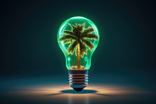 Glass electric light bulb with miniature tropical palm trees inside isolated on flat black background with copy space. Creative concept good idea to go on vacation. 3d render illustration style.