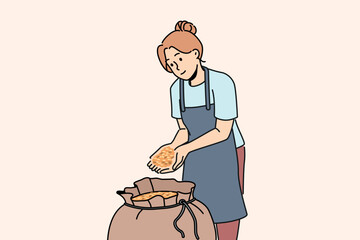 Woman stands near bag of malt for production of craft beer and collects hop grains in palms. Girl in apron works in agricultural factory preparing grains of prosso or wheat for processing.