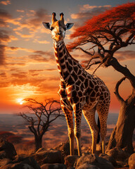 Close-up of a giraffe during sunset - obrazy, fototapety, plakaty