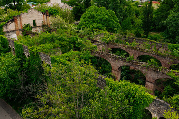 Fototapeta na wymiar Old ruins of historical building overgrown by vegetation green post-apocalyptic concept