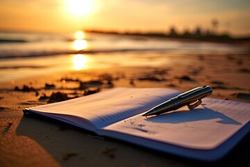 leisure and summer holidays or nomad concept - opened notebook with a pen on the sand of a beach during sunset