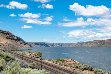 Train Track Along Columbia River Gorge in Eastern Oregon is High Desert
